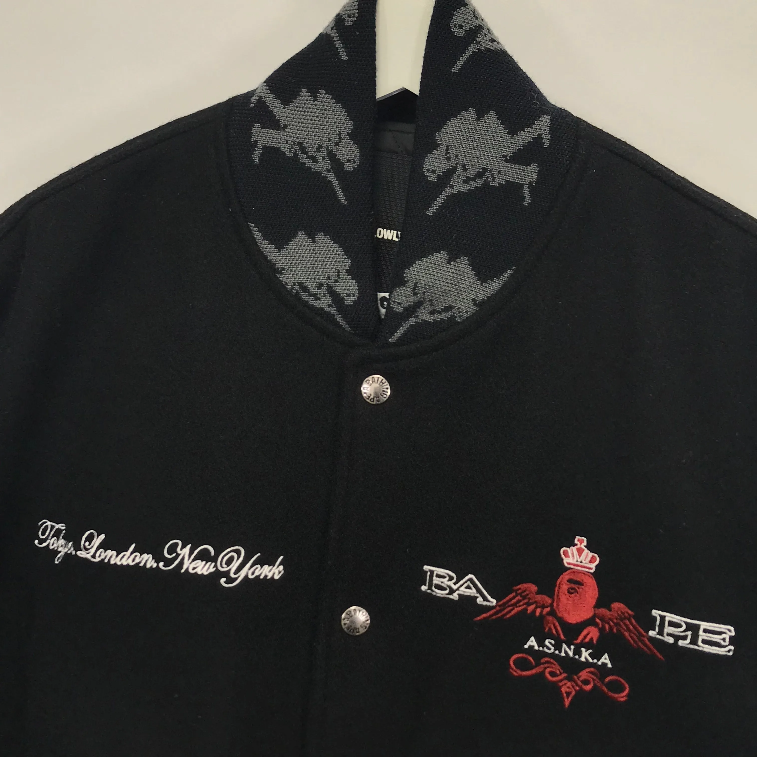 [M] A Bathing Ape Bape x Stash Wool Varsity Stadium Jacket Black