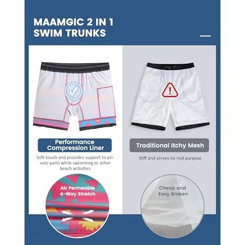 maamgic Mens 5 Inch Stretch Swimming Shorts Compression Liner Swim Trunks Quick Dry Bathing Suits Board Shorts Beach Shorts Swim Suits Geometrical Black Medium