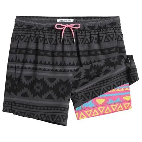 maamgic Mens 5 Inch Stretch Swimming Shorts Compression Liner Swim Trunks Quick Dry Bathing Suits Board Shorts Beach Shorts Swim Suits Geometrical Black Medium