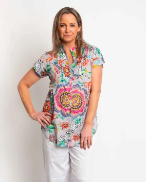 Magnetic Cap Sleeve Shirt in Grey Pink Garden