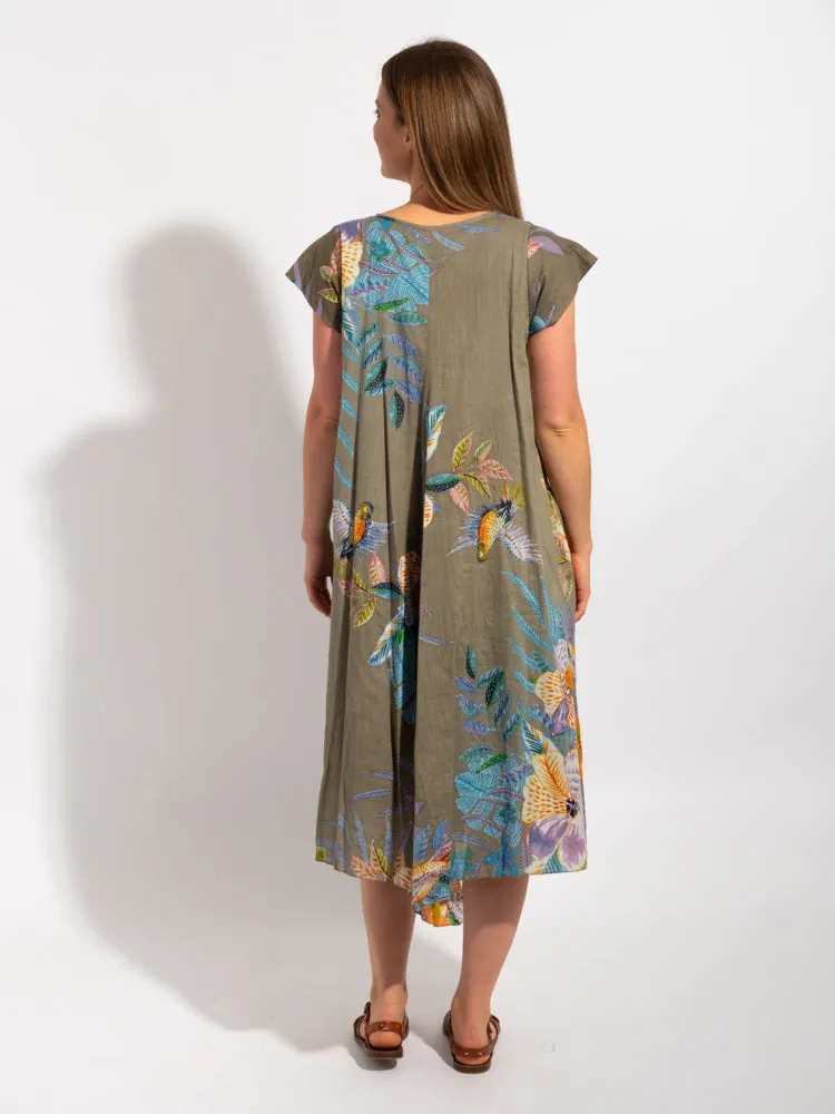Maheno Dress in Khaki Birds