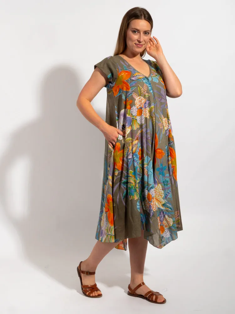 Maheno Dress in Khaki Birds