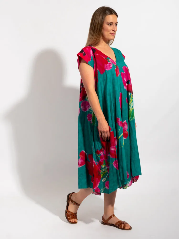 Maheno Dress in Teal Poppies