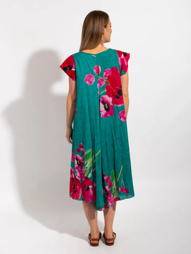 Maheno Dress in Teal Poppies