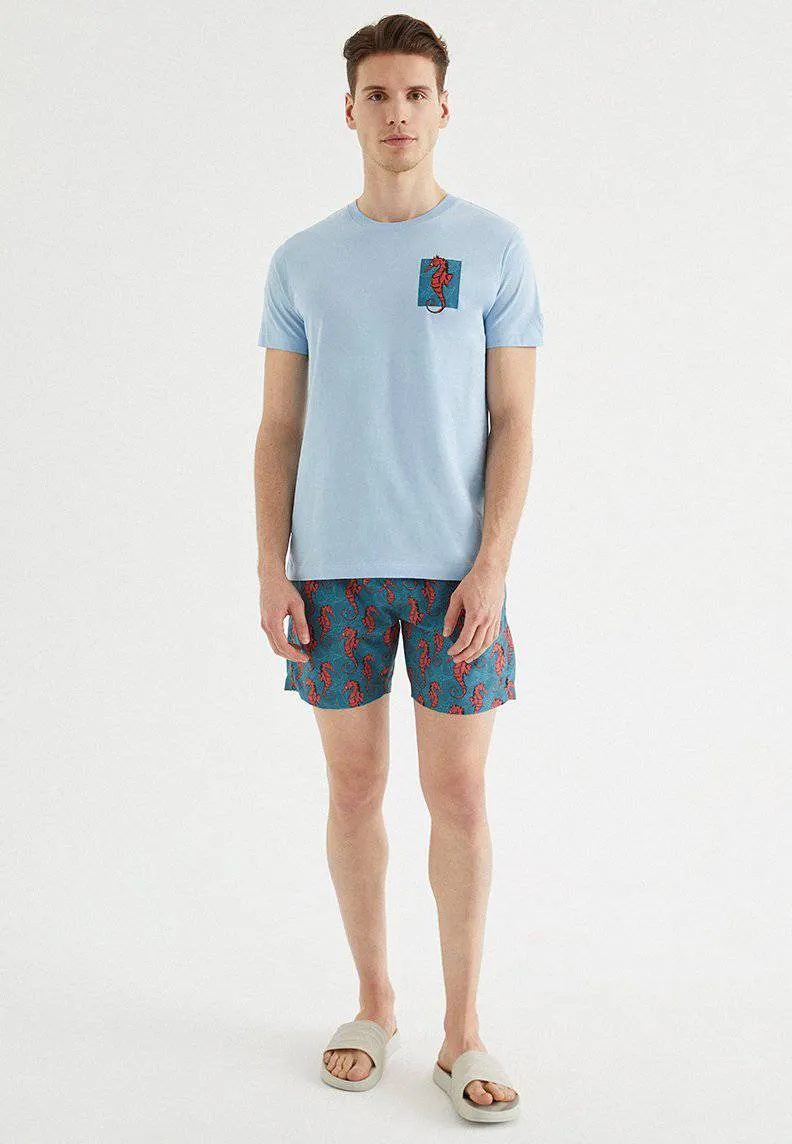 Mavi Baskılı Bisiklet Yaka Pamuklu Regular Fit Erkek T-Shirt SEAHORSE
