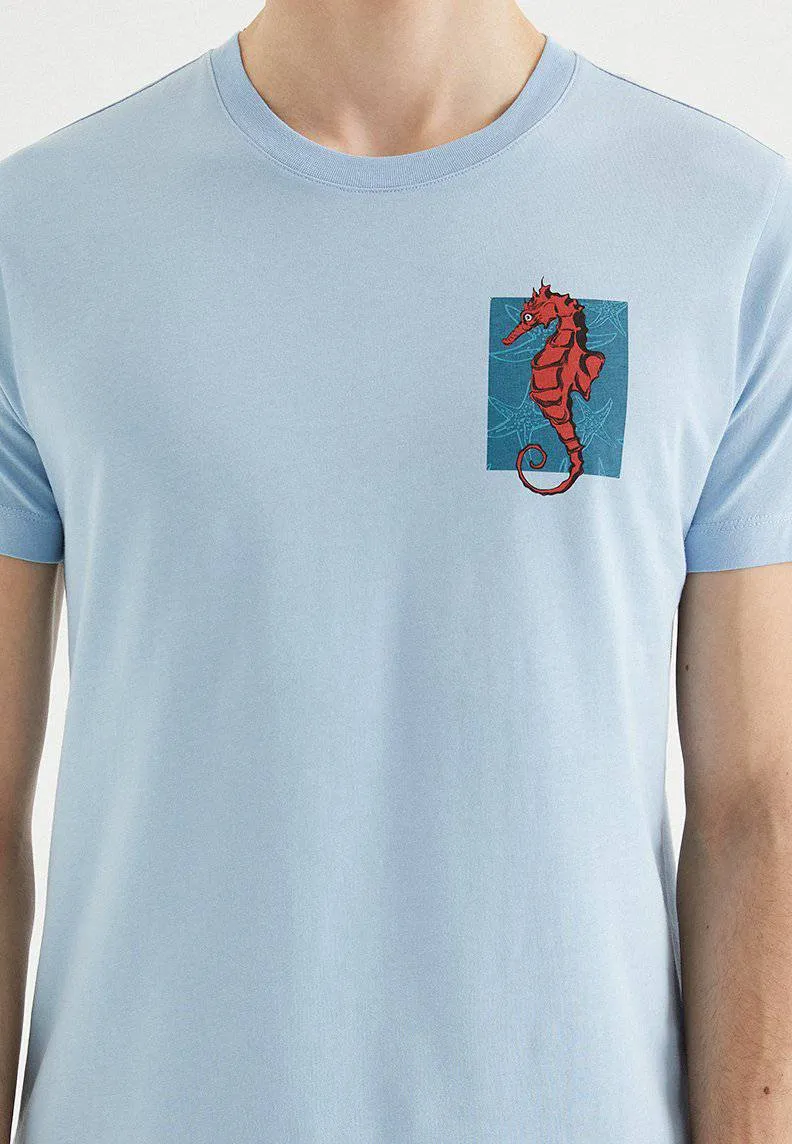 Mavi Baskılı Bisiklet Yaka Pamuklu Regular Fit Erkek T-Shirt SEAHORSE