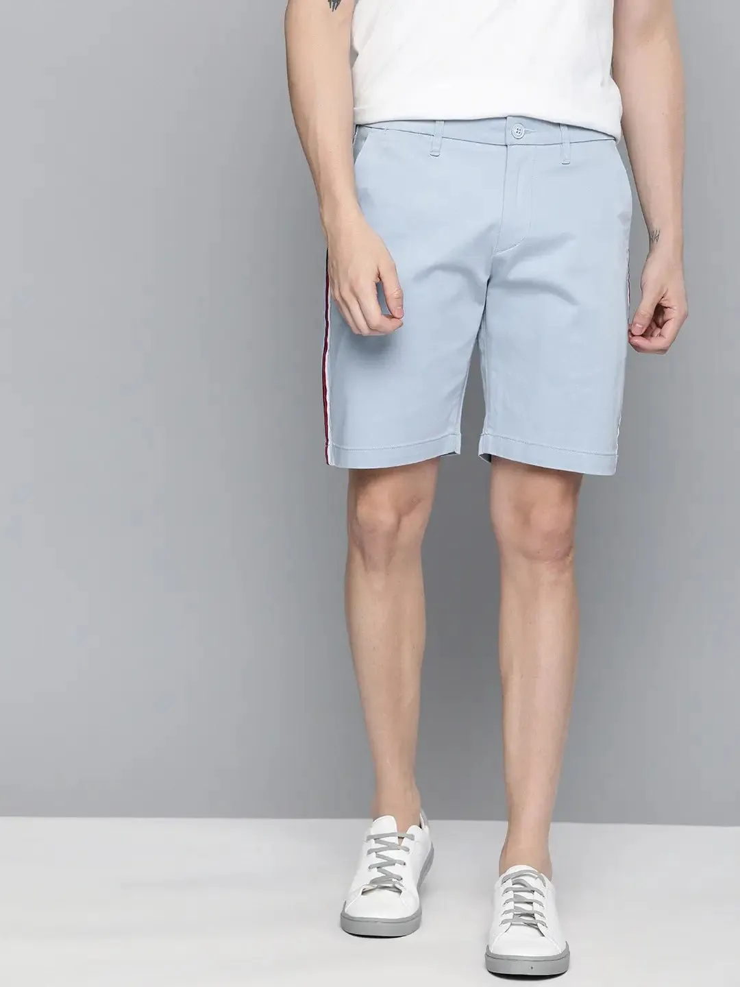 Men Blue Solid Regular Fit Regular Shorts with Side Stripes