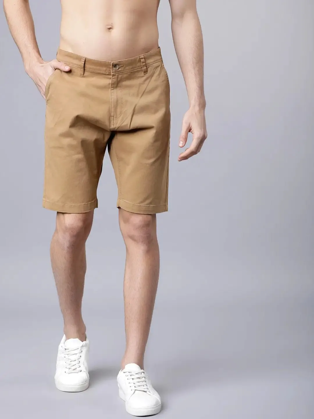 Men Khaki Solid Slim Fit Regular Shorts