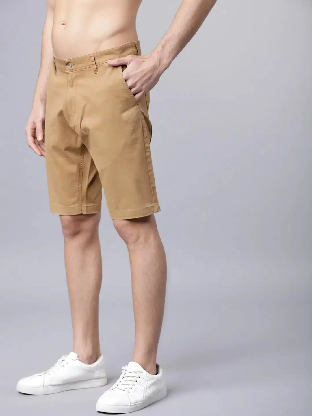 Men Khaki Solid Slim Fit Regular Shorts