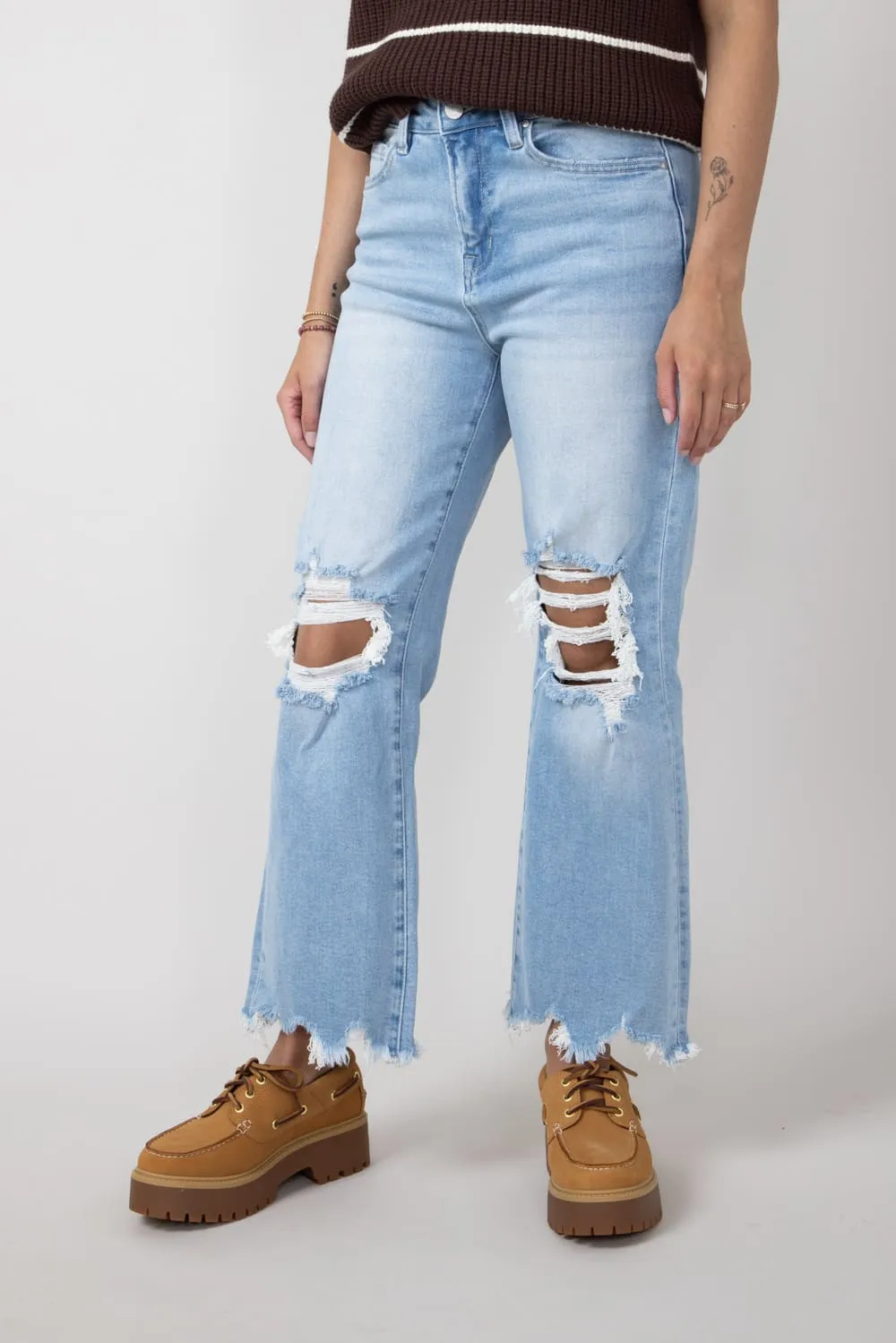 Mica High Rise 90's Vintage Distressed Crop Flare Jeans for Women | MDP-F3048