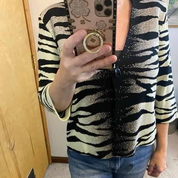 Ming Wang Cropped Zebra Print Single Closure Cardigan