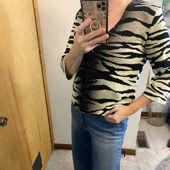 Ming Wang Cropped Zebra Print Single Closure Cardigan