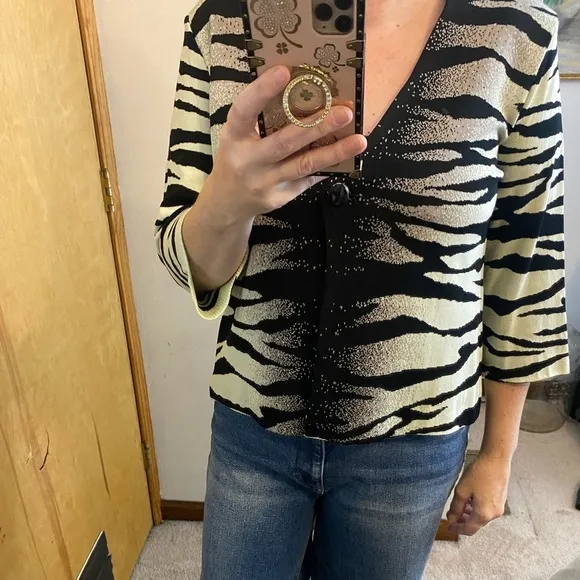 Ming Wang Cropped Zebra Print Single Closure Cardigan