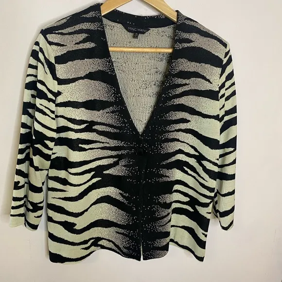 Ming Wang Cropped Zebra Print Single Closure Cardigan