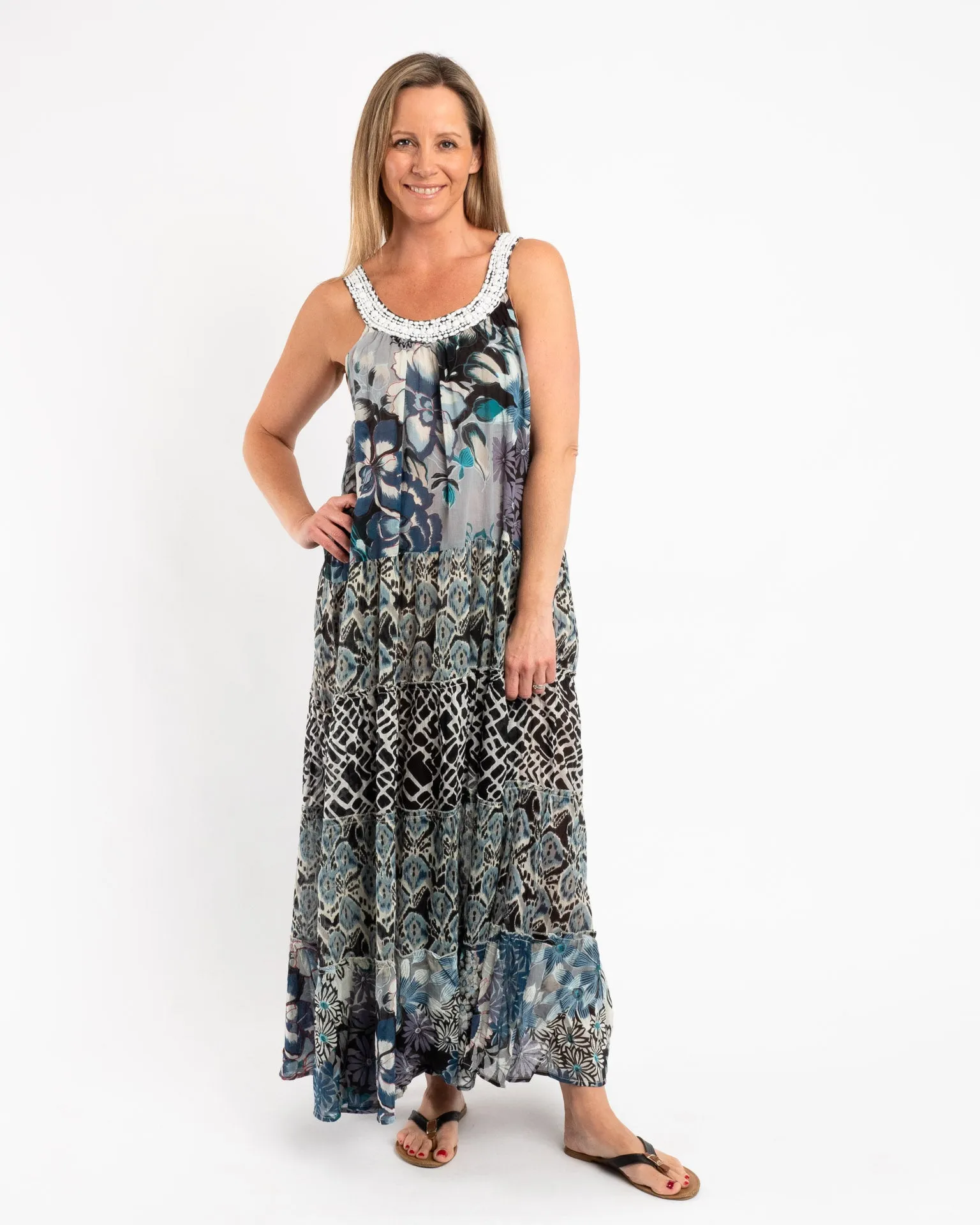 Mixed Print Panelled Maxi Dress in Blue Grey