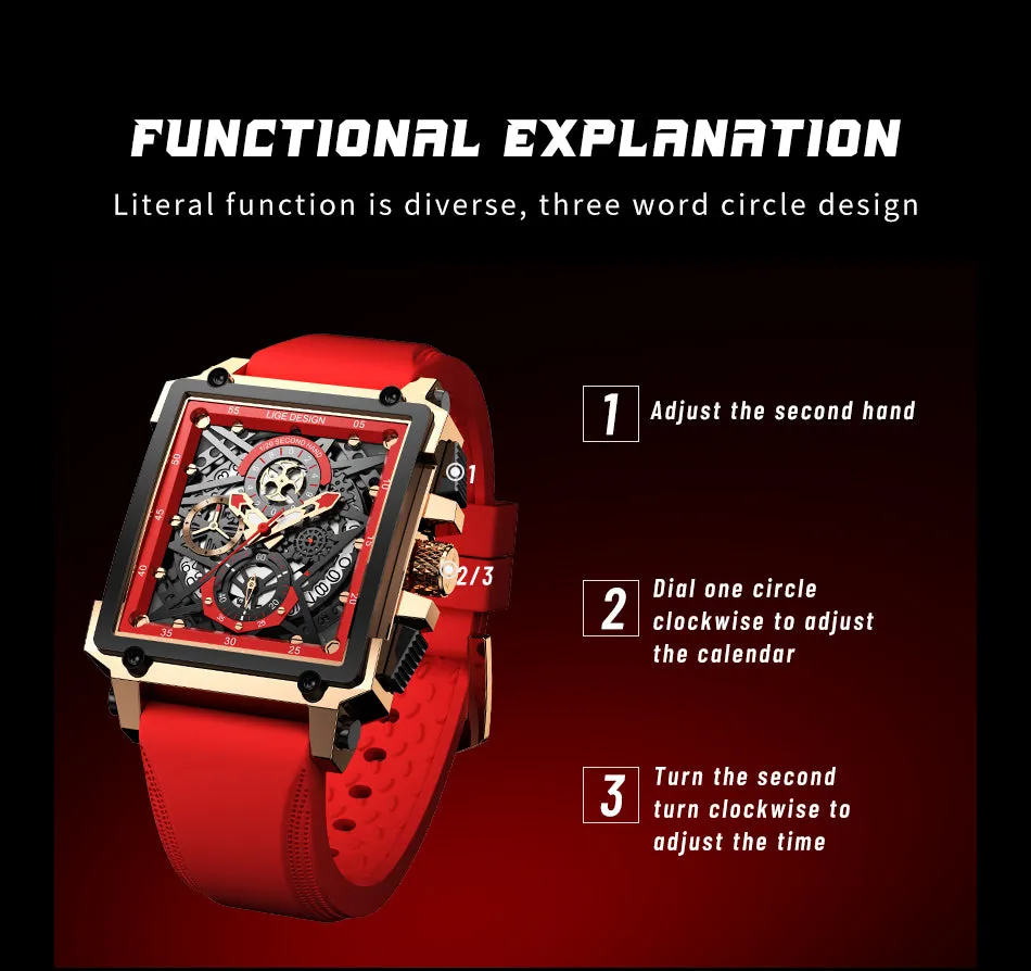 Montre luxe LIGE 2023 Top Brand Luxury Mens Watches Square Digital Sports Quartz Wrist Watch for Men Waterproof Stopwatch Relogio Masculino