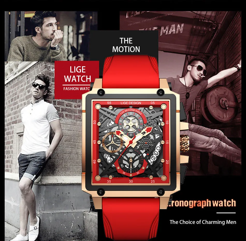 Montre luxe LIGE 2023 Top Brand Luxury Mens Watches Square Digital Sports Quartz Wrist Watch for Men Waterproof Stopwatch Relogio Masculino