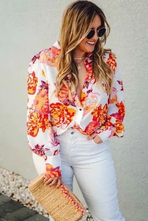 Multicolor Floral Print Button Up Long Sleeve Plus Size Shirt