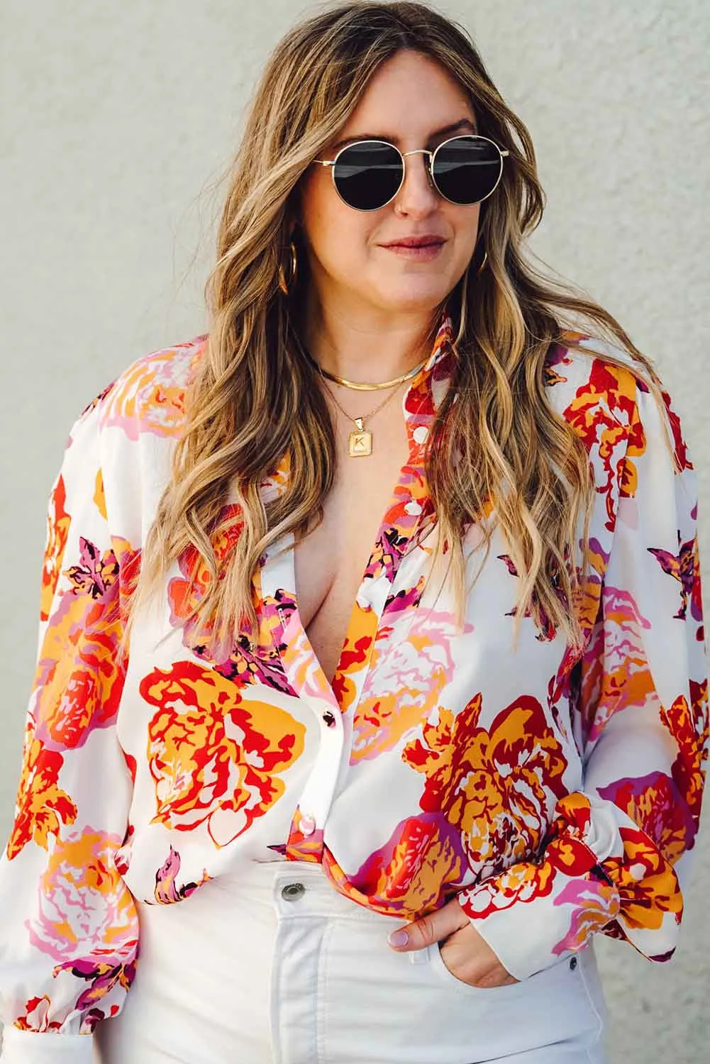 Multicolor Floral Print Button Up Long Sleeve Plus Size Shirt
