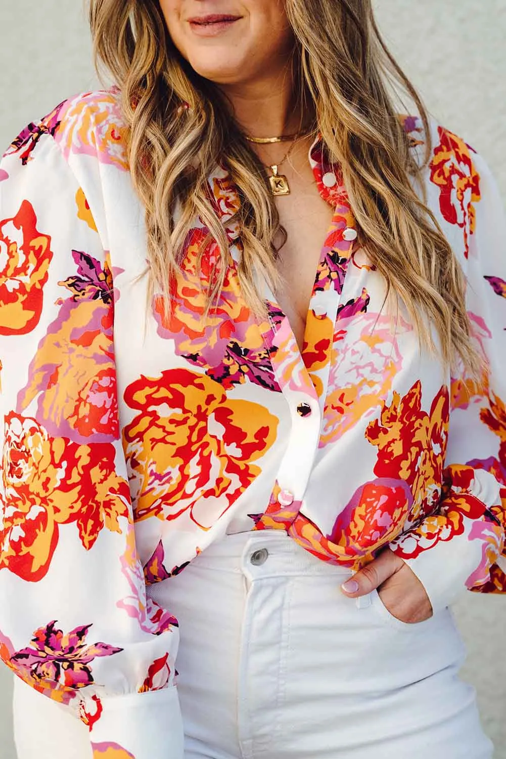 Multicolor Floral Print Button Up Long Sleeve Plus Size Shirt