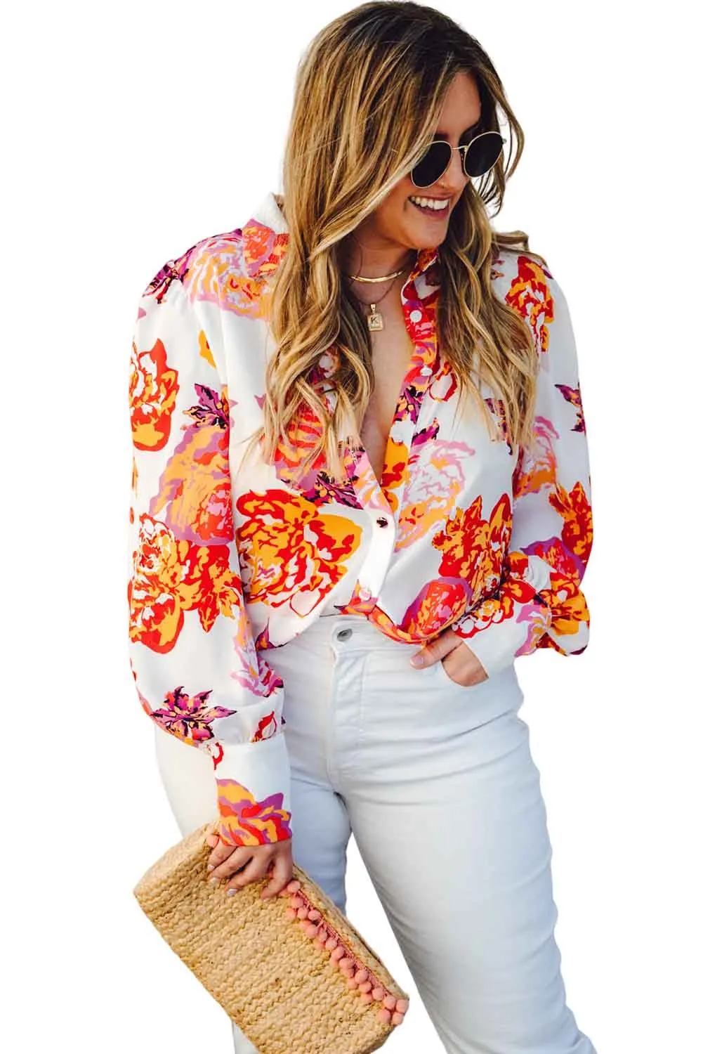Multicolor Floral Print Button Up Long Sleeve Plus Size Shirt