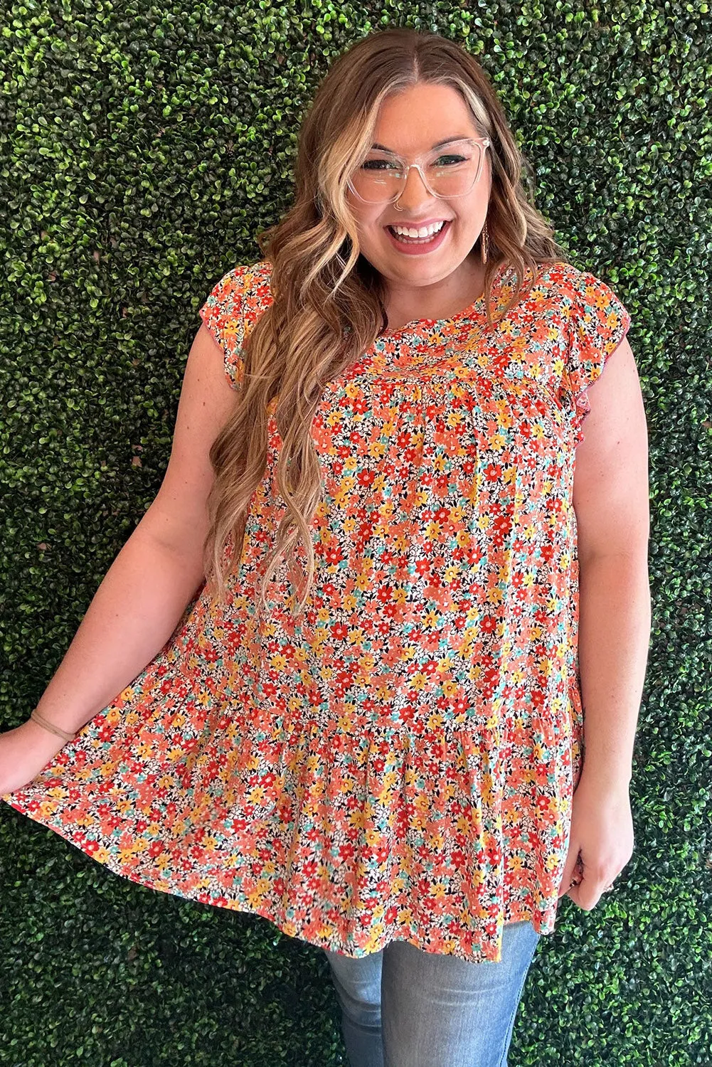 Multicolor Plus Size Boho Floral Print Ruffle Tiered Top