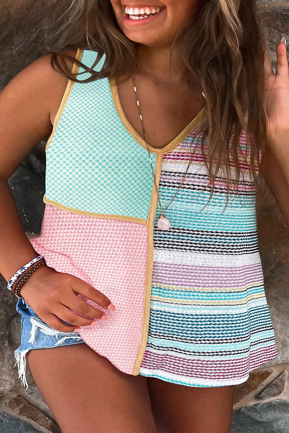 Multicolor Seamed Patchwork V Neck Plus Size Sleeveless Top