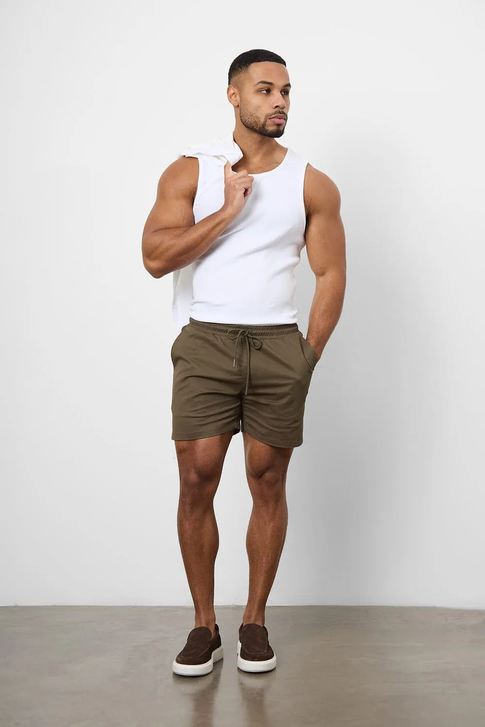 Muscle Fit Drawstring Chino Short - Shorter Length in Khaki
