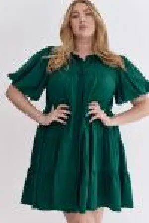 Nikki Button Tiered Mini Dress with Puff Sleeves || Dark Green