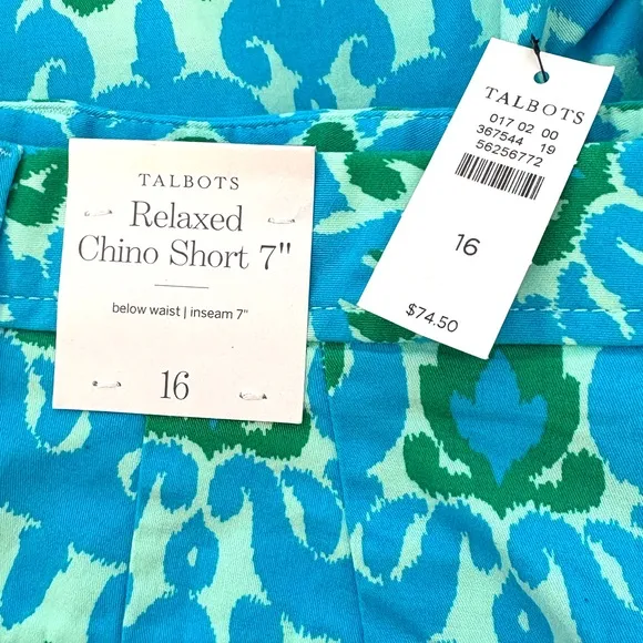 NWT Talbots Relaxed Chino Shorts, Ikat Medallion 7 inch women’s size 16