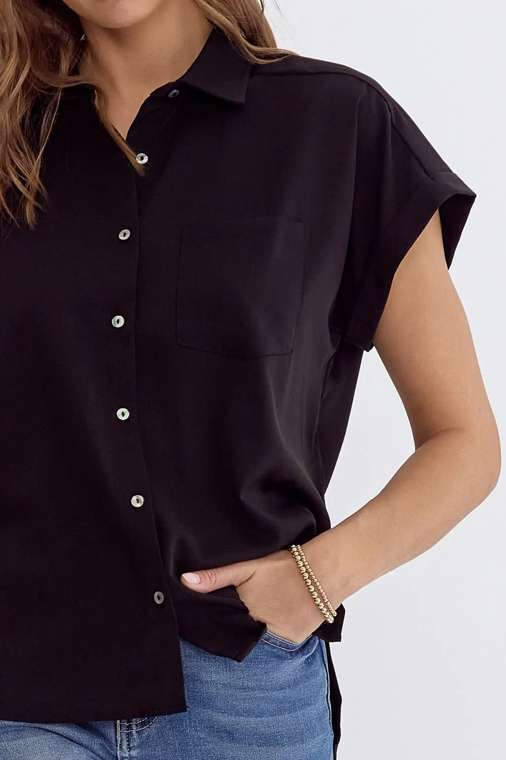 Office Casual Button Down Top with Side Slit || Black