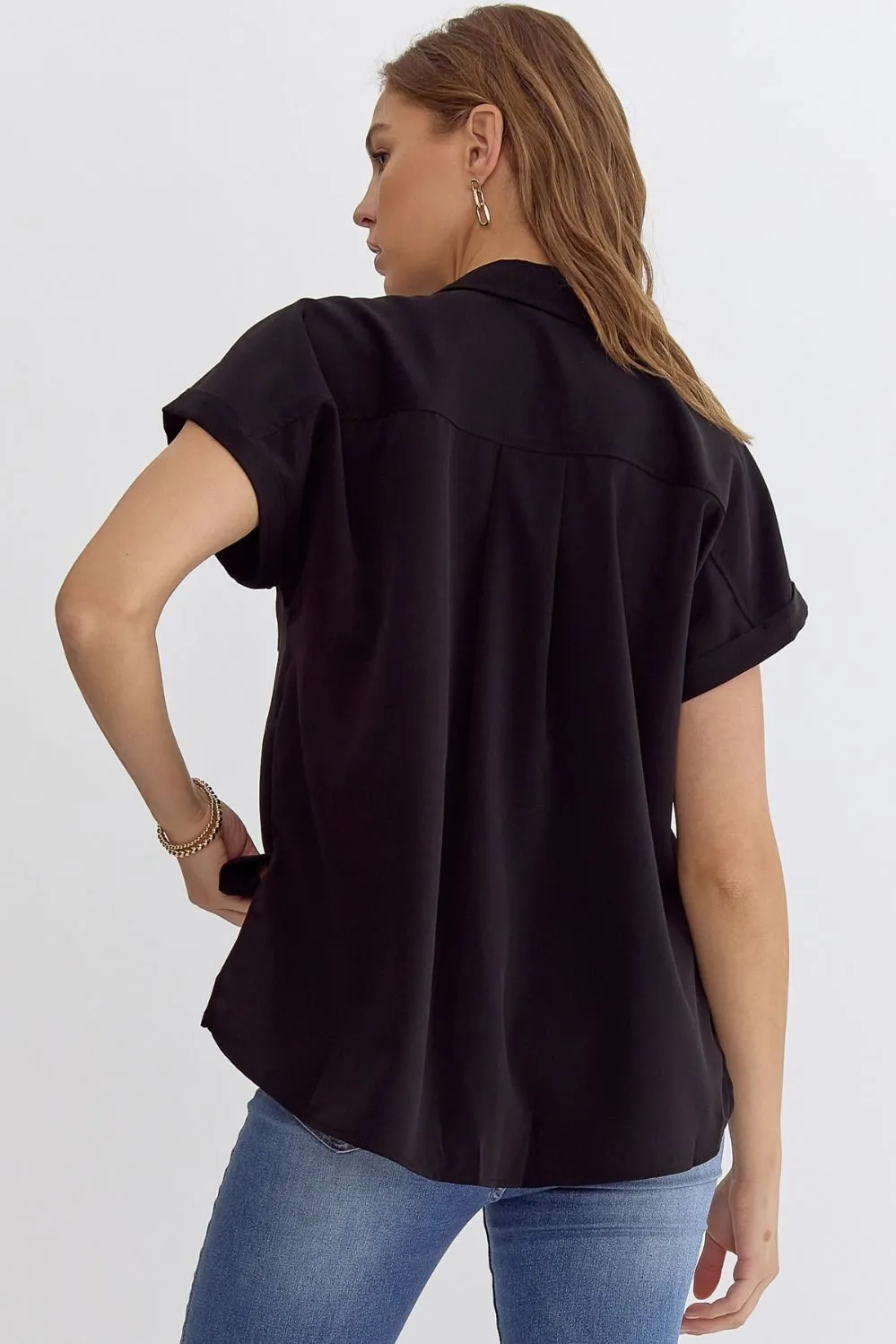 Office Casual Button Down Top with Side Slit || Black