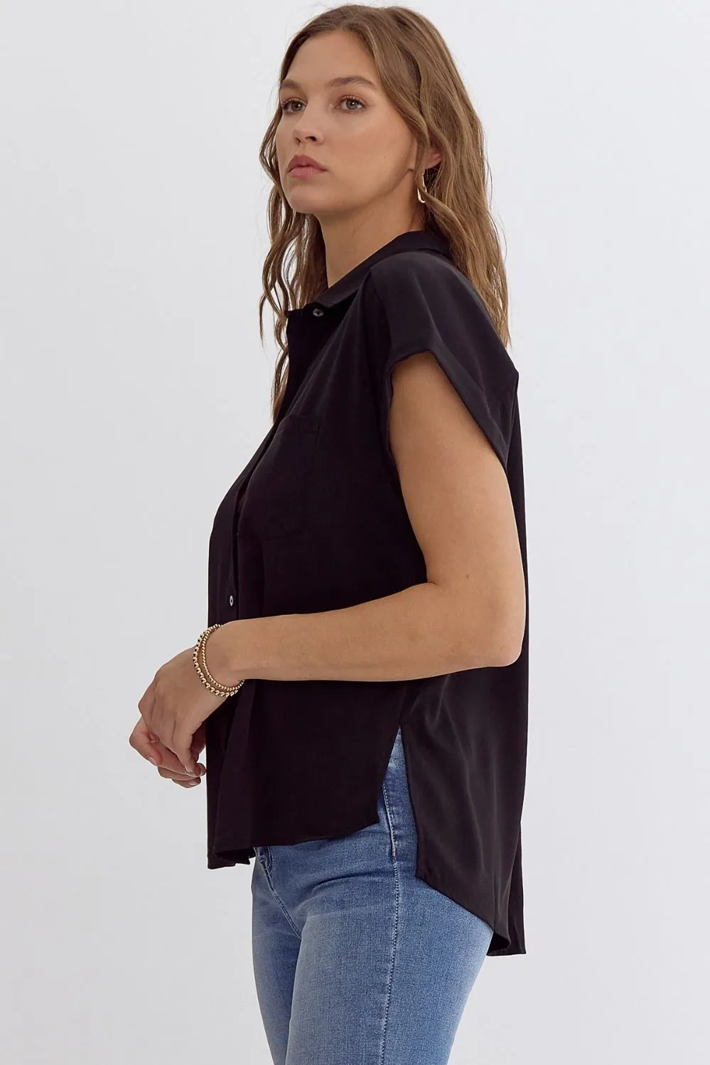 Office Casual Button Down Top with Side Slit || Black