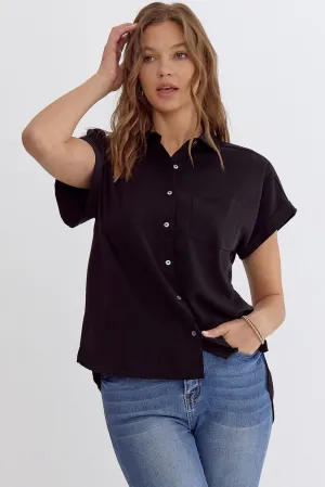 Office Casual Button Down Top with Side Slit || Black