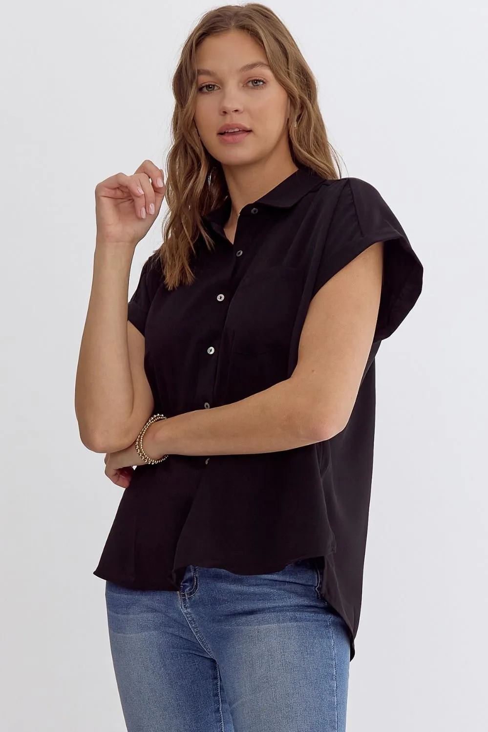 Office Casual Button Down Top with Side Slit || Black