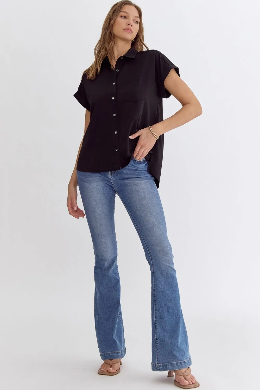 Office Casual Button Down Top with Side Slit || Black
