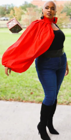 One Shoulder Red Puffy Sleeve Blouse