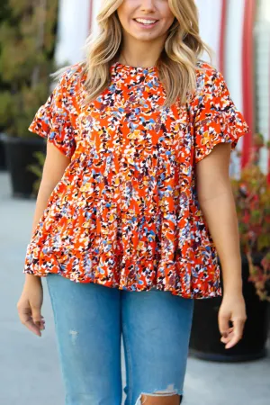 Orange Floral Printed Ruffle Sleeve Curvy Babydoll Blouse