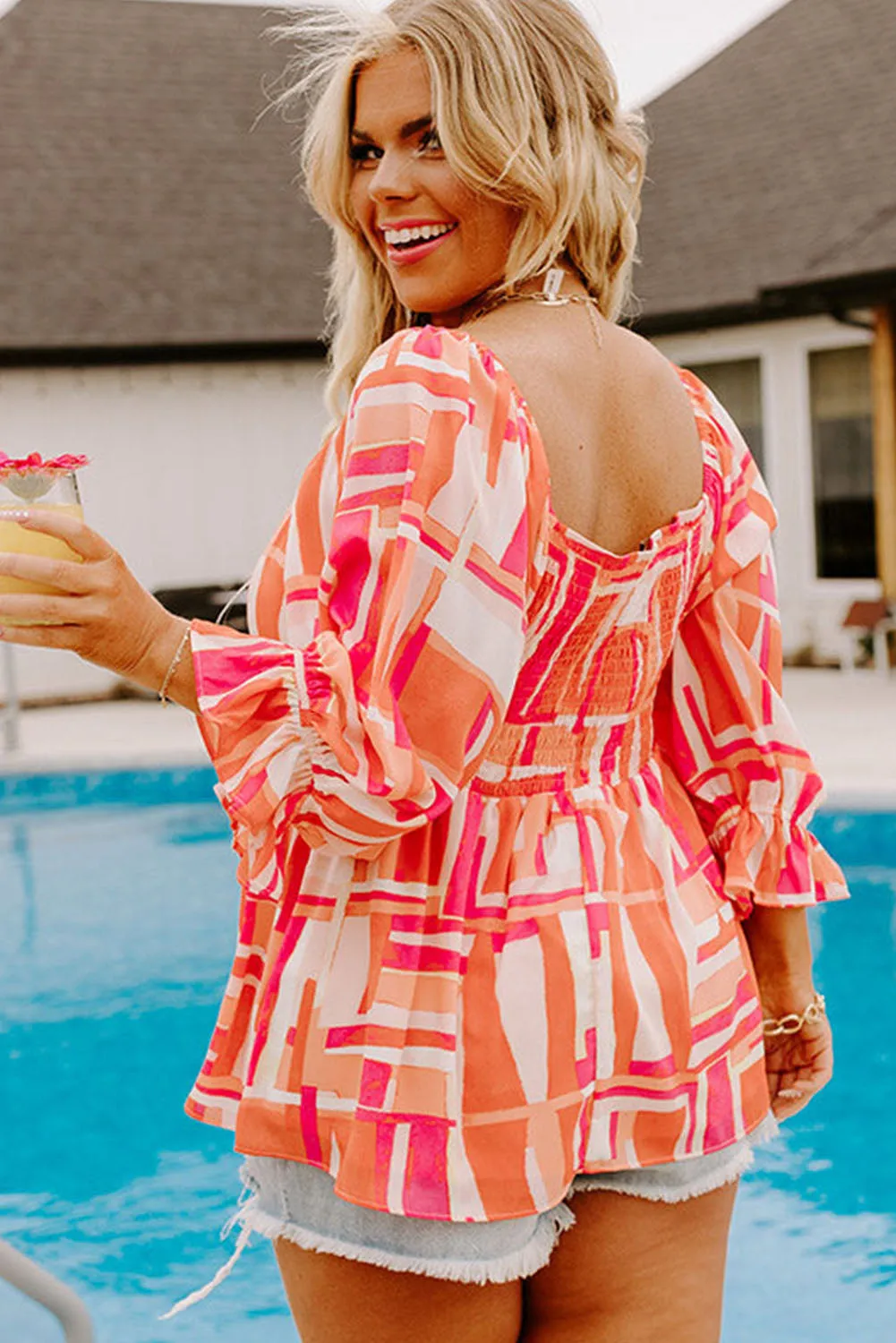 Orange Floral/Geometric Print Smocked Square Neck Plus Size Blouse
