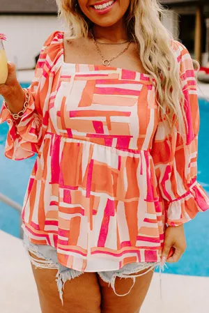 Orange Floral/Geometric Print Smocked Square Neck Plus Size Blouse