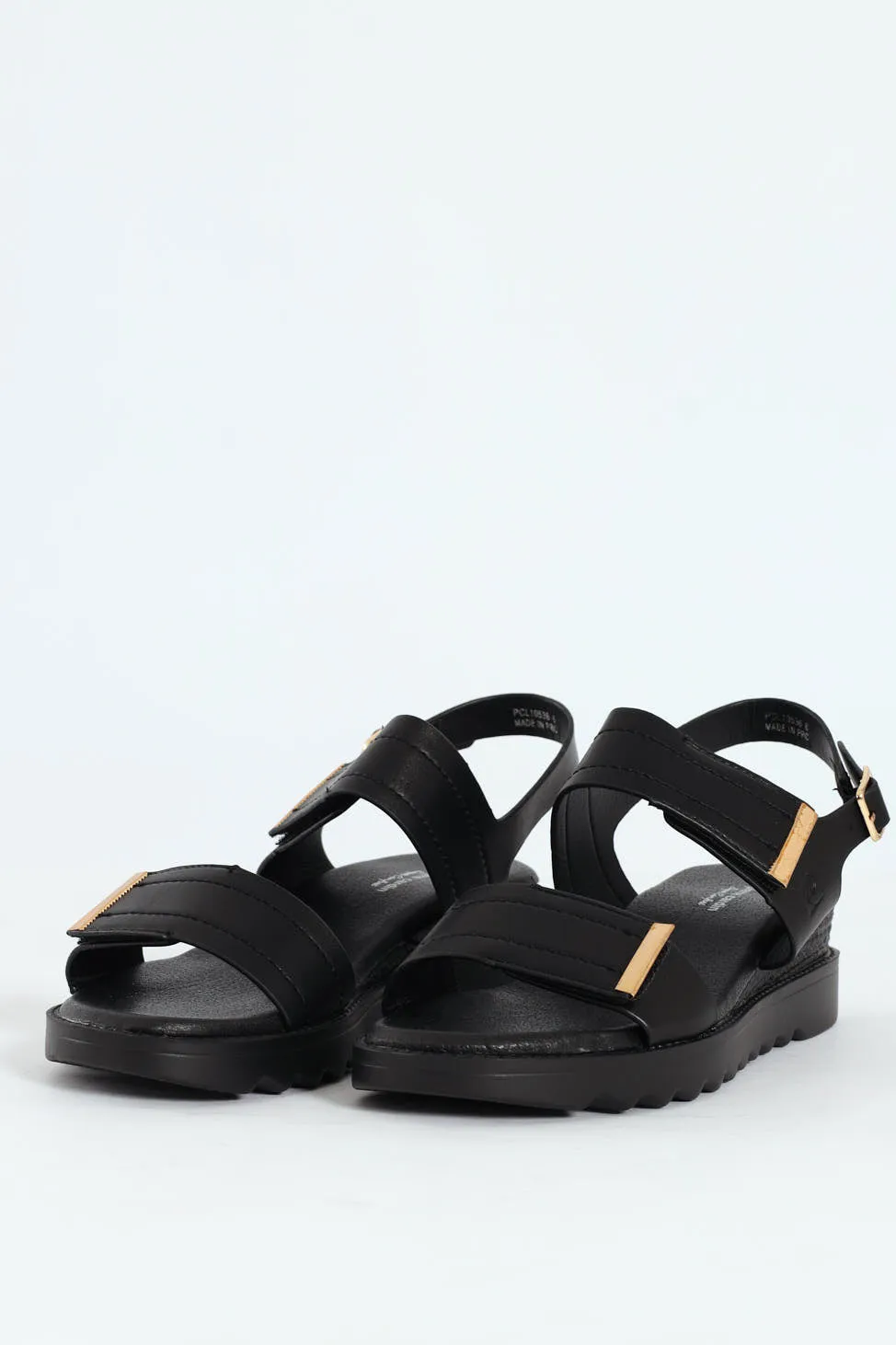 Pertel Double Strap Sport Sandal With Gold Trim - Black