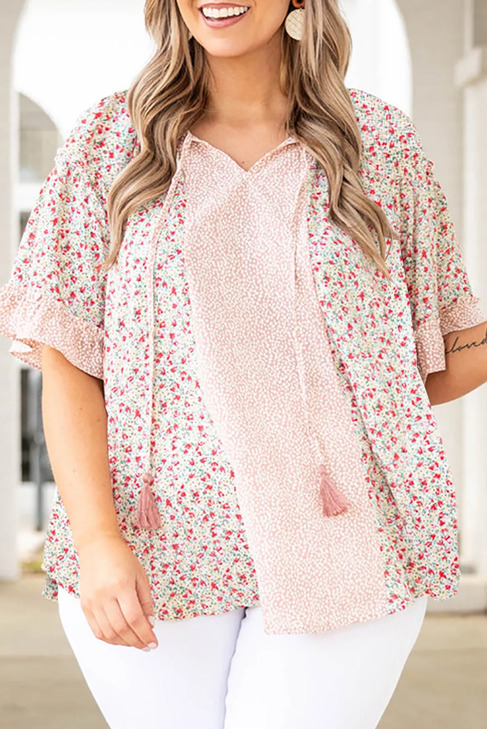 Pink Plus Size Dotty Floral Patchwork Tassel Tie V Neck Top