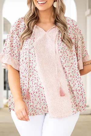 Pink Plus Size Dotty Floral Patchwork Tassel Tie V Neck Top