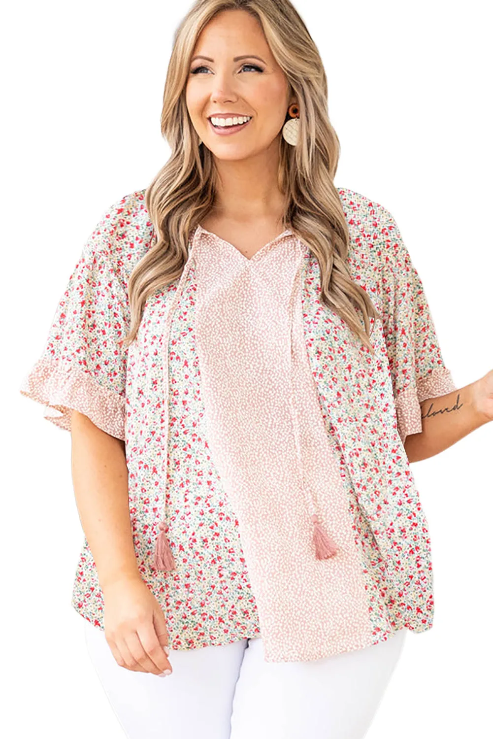 Pink Plus Size Dotty Floral Patchwork Tassel Tie V Neck Top