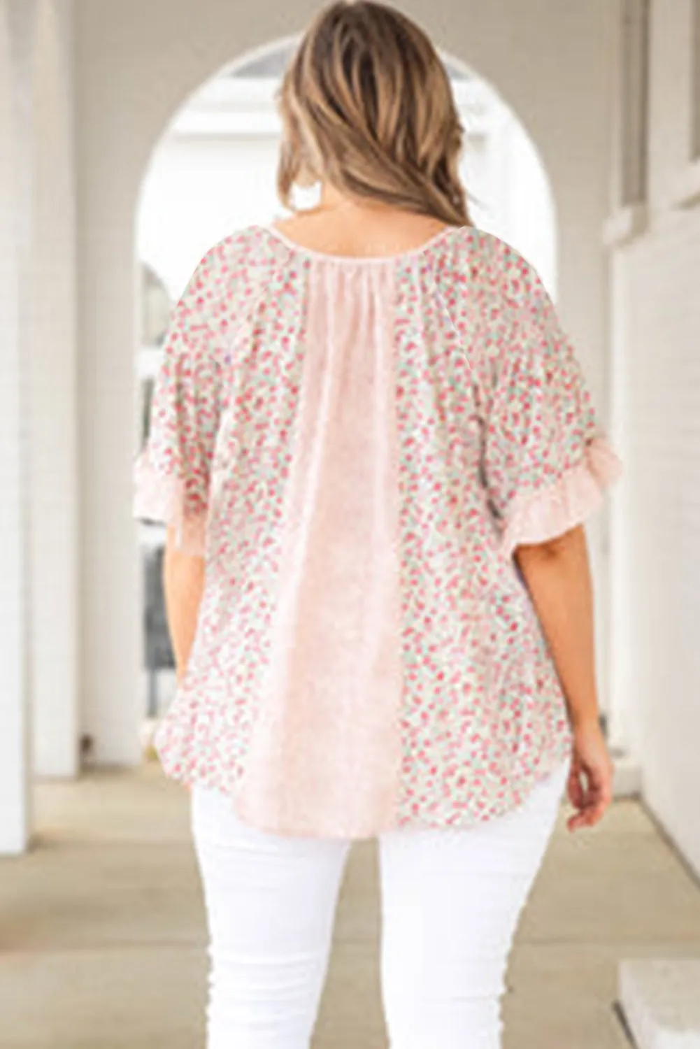 Pink Plus Size Dotty Floral Patchwork Tassel Tie V Neck Top