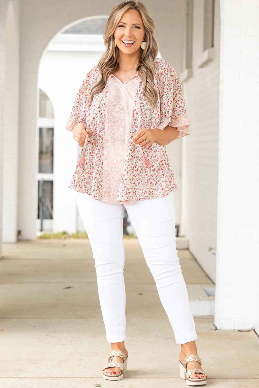 Pink Plus Size Dotty Floral Patchwork Tassel Tie V Neck Top