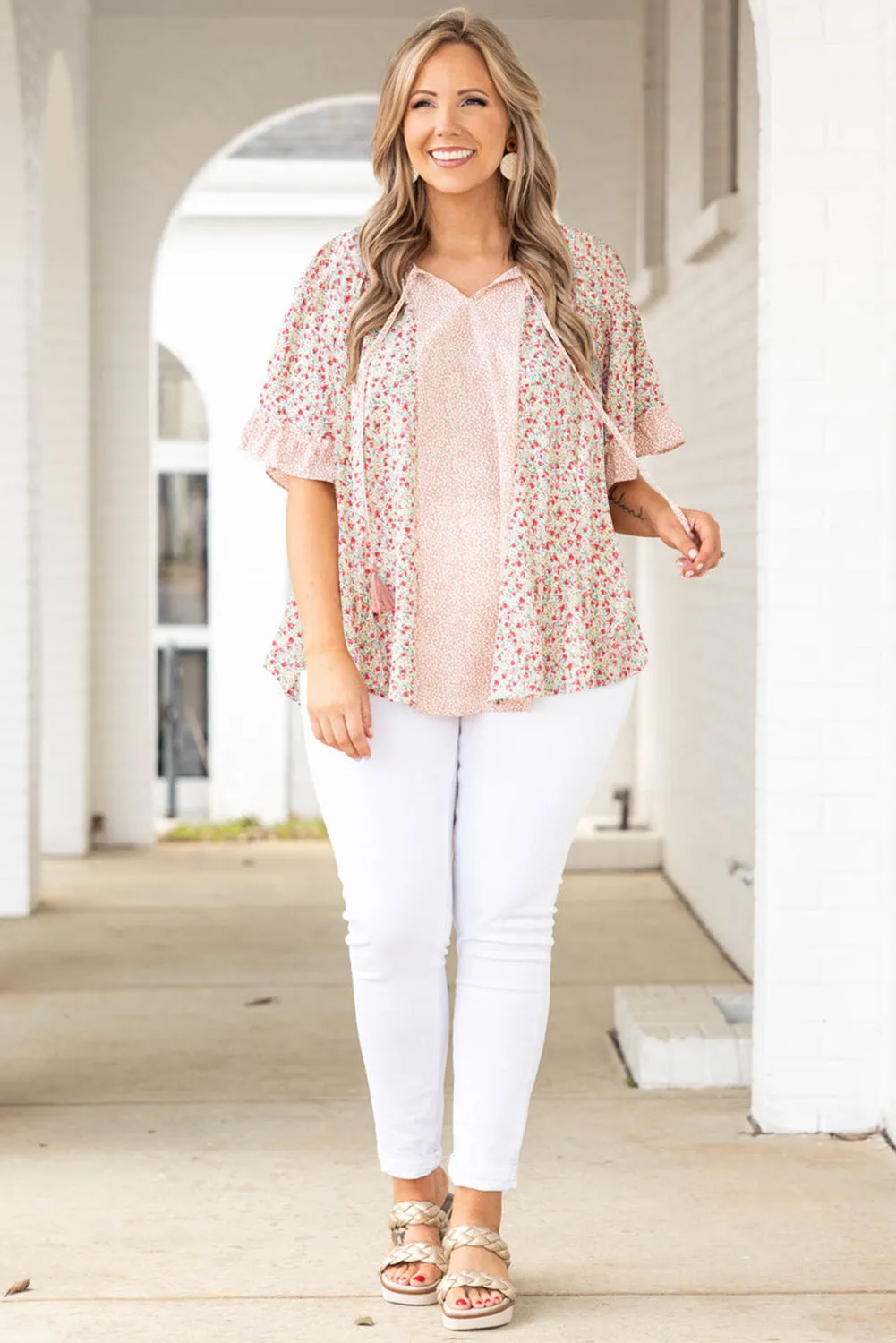 Pink Plus Size Dotty Floral Patchwork Tassel Tie V Neck Top