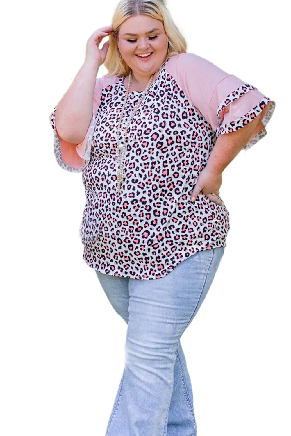 Pink Plus Size Ruffle Raglan Sleeve Leopard Top