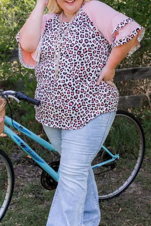 Pink Plus Size Ruffle Raglan Sleeve Leopard Top