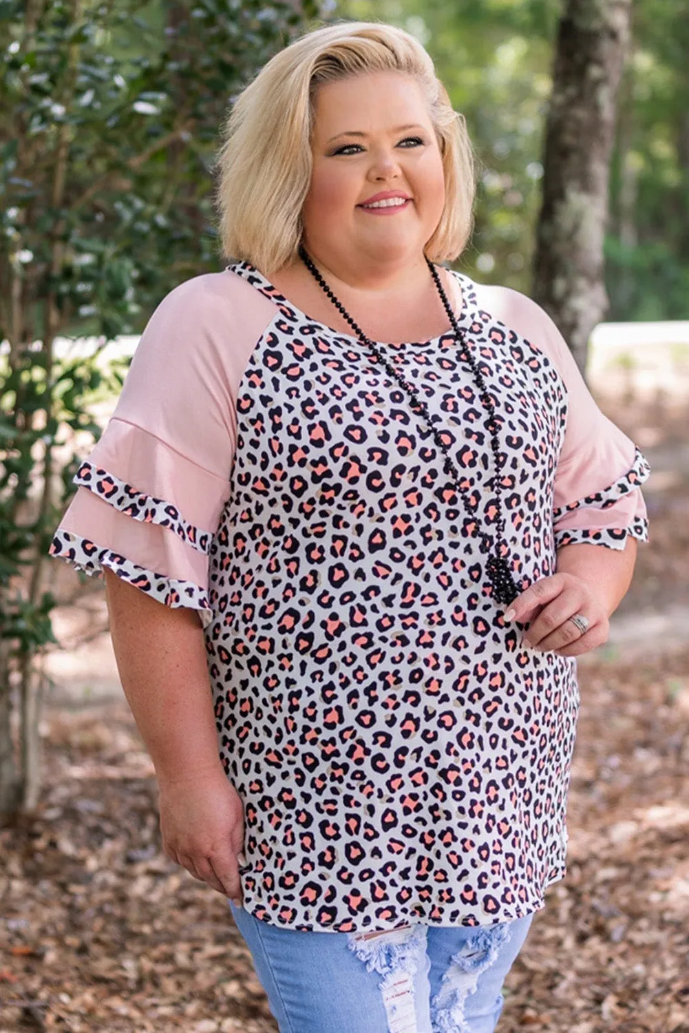 Pink Plus Size Ruffle Raglan Sleeve Leopard Top